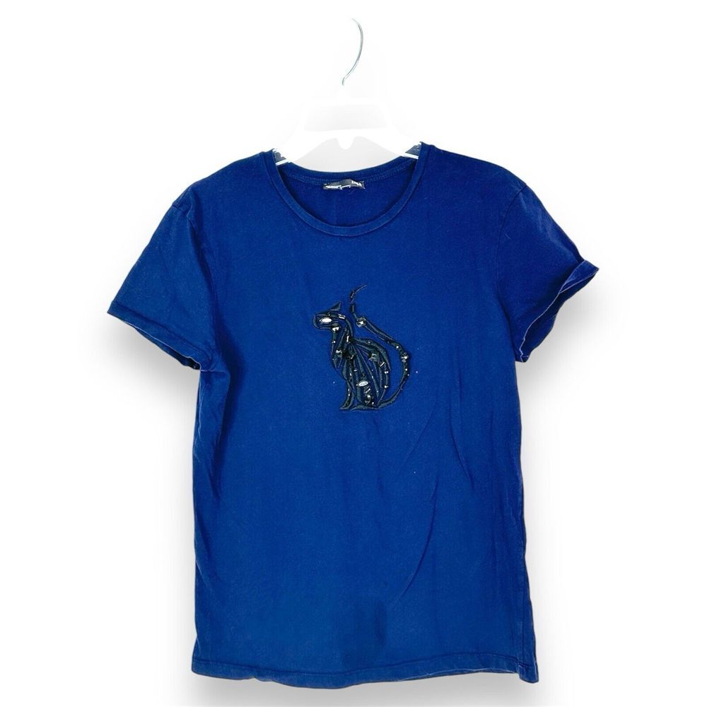 Zara Top Women's Small T-Shirt Embellished Cat Graphic Short Sleeve Blue